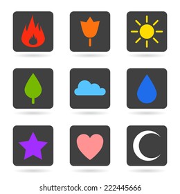 Random abstract icons set. Flame, flower, sun, tree, cloud, water drop, star, heart, crescent moon. Vector icons for your web design, phone. With dark background.