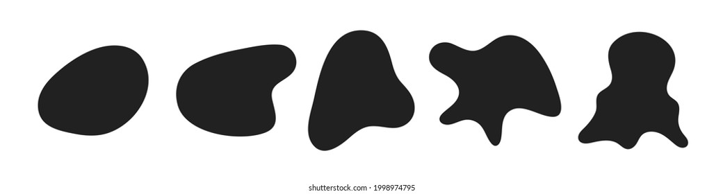 Dibujo aleatorio líquido líquido orgánico negro irregular formas de barniz estilo plano diseño fluido ilustración vectorial conjunto banner simple plantilla de forma para el diseño de presentación, volante, aislado en fondo blanco.