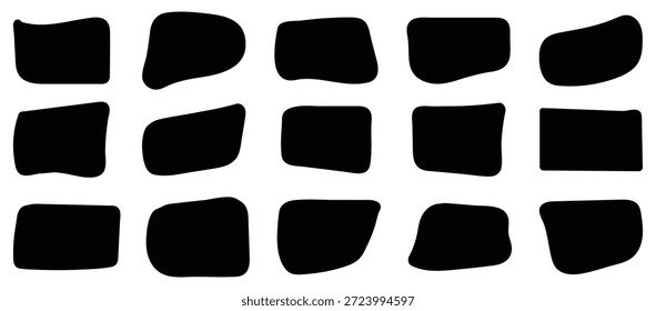 Zufällige abstrakte flüssige organische unregelmäßige Fleckenformen. Organische schwarze Kleckse. Runde abstrakte Sammlung organischer Formen. Kiesel, Tropfen und Steinsilhouetten. Vektorgrafik.