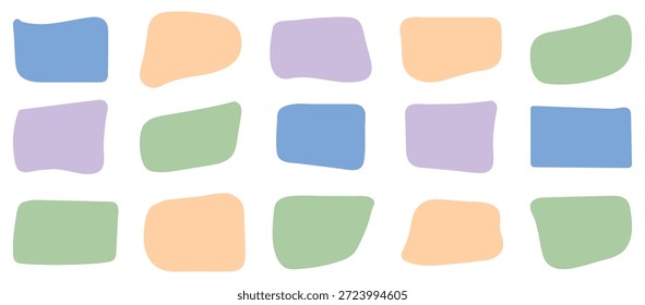 Zufällige abstrakte flüssige organische unregelmäßige Fleckenformen. Organische bunte Kleckse. Runde abstrakte Sammlung organischer Formen. Kiesel, Tropfen und Steinsilhouetten. Vektorgrafik.