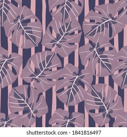Random abstract seamless hand drawn monstera pattern. Palm foliage ornament with striped background. Artwork in pink and purple tones. For fabric design, textile, wrapping, cover. Vector illustration