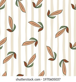 Random abstract seamless pattern with doodle leaf outline ornament. Striped white and pink background. Perfect for fabric design, textile print, wrapping, cover. Vector illustration.