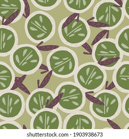 Random abstract seamless pattern with pale green half apple shapes with seeds. Purple leaf elements. Stock illustration. Vector design for textile, fabric, giftwrap, wallpapers.