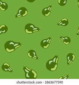Random abstract seamless pattern with pear elements. Green palette artwork with fruit ornament. Graphic design for wrapping paper and fabric textures. Vector Illustration.