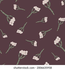 Random abstract seamless pattern with simple style yarrow ornament. Dark maroon background. Doodle print. Graphic design for wrapping paper and fabric textures. Vector Illustration.