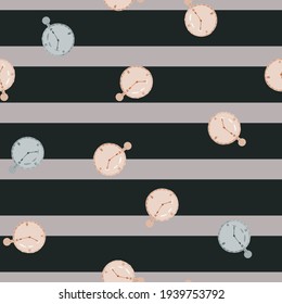 Random abstract seamless pattern with stopwatch silhouettes. Striped grey background. Simple style. Decorative backdrop for fabric design, textile print, wrapping, cover. Vector illustration.