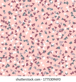 Random abstract seamless pattern with triangles. Pink background and elements in white, purple, lilac tones. Decorative backdrop for fabric design, textile print, wrapping. Vector illustration