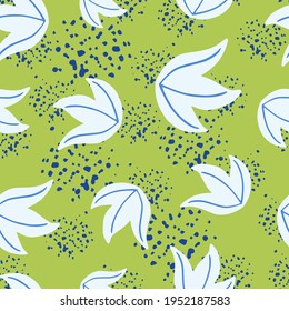 Random abstract seamless pattern with white doodle leaves bush print. Green background with splashes. Decorative backdrop for fabric design, textile print, wrapping, cover. Vector illustration.