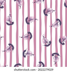 Random abstract seamless water transport pattern with doodle sailbot ship shapes. Pink and white striped background. Designed for fabric design, textile print, wrapping, cover. Vector illustration.