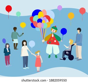 Random acts of kindness day. Clown giving balloons to children. Vector illustration.