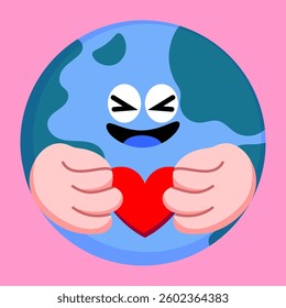 Random Acts of Kindness Day. Cute happy Earth hugging a red heart, symbol of love, kindness, and global care, for Earth Day and eco-friendly messages.