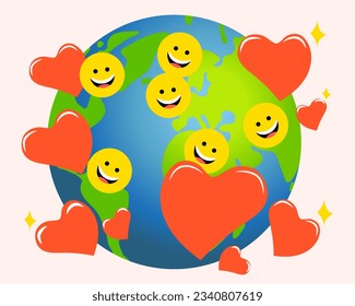 Random acts of Kindness Day. February 17. Around  Planet Earth  Smiley faces and Flying hearts. Vector Kindness Day poster illustration