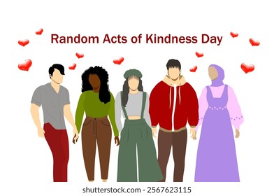 Random Acts of Kindness Day. Group of young, modern people with red hearts encourage acts of kindness. World altruistic holiday event banner. Vector illustration. Not AI generated 