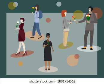 Random acts of kindness day. Man giving roses to women. Vector illustration.
