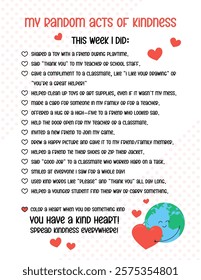 Random acts of kindness list for kids. Printable activity page. Worksheet for kindergarten students, first graders of elementary school. Vector template with check list of kind deeds for children