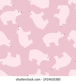 Random animal seamless pattern with cute bear silhouettes print. Pastel pink background. Zoo hand drawn artwork. Perfect for fabric design, textile print, wrapping, cover. Vector illustration.