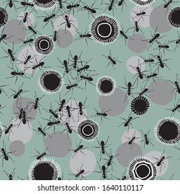 Random Ants Vector Seamless Pattern Representing Teamwork. Black and White on Mint