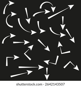 Random arrow chaos. Curved pointer icon. Direction sign pattern. Vector black background.