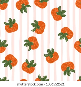 Random autumn harvest seamless pattern with bright orange persimmons. Light striped background. Great for fabric design, textile print, wrapping, cover. Vector illustration