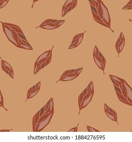 Random autumn seamless pattern with doodle brown leaf elements. Beige background. Flat vector print for textile, fabric, giftwrap, wallpapers. Endless illustration.