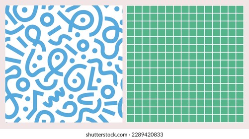 Random Background from Brutalist abstract form and grid. Seamless Geometric Pattern set. Bauhaus style. Naive playful abstract shapes. Blue and green. Retro Wallpaper, Flat Design, Minimalistic. 