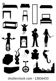 Random batch of silhouettes woman, juggler, fairy,