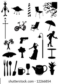Random batch of silhouettes woman, light, chair, scenes, trees, jester, umbrella, utensils, vector