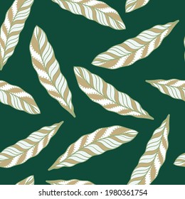 Random beige and white colored feather shapes seamless doodle pattern. Green background. Ethnic print. Stock illustration. Vector design for textile, fabric, giftwrap, wallpapers.
