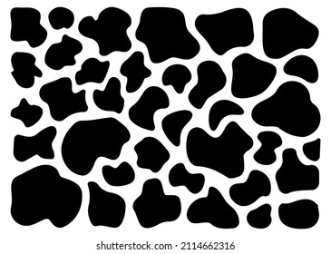 Zufällige schwarze Flecke. Organische Blüten unregelmäßiger Form. Tintenfisch, Spotformen. Abstrakte organische Formen. Flüssige Elemente fallen, Kieselstein. Futuristische Form Farbe Färbung. Vektorgrafik.