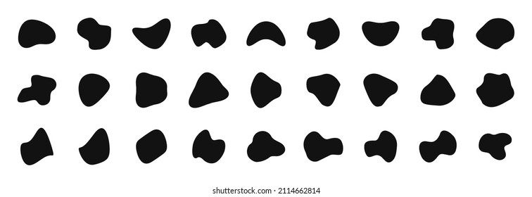 Bloqueo negro aleatorio. Blobs orgánicos de forma irregular. Bloqueo de tinta, formas puntuales. Formas orgánicas abstractas. Los elementos líquidos caen, guijarros. Mancha de tinta de forma futurista. Ilustración vectorial.