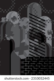 Pancarta de afiche de temática geométrica retro de color negro y gris oscuro. Gráfico geométrico mínimo fondo. Plantilla de formas abstractas vintage para el diseño de portada.