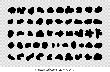 Random black shapes set on a transparent background.  Organic abstract splodge elements monochrome collection. Blob shapes vector.