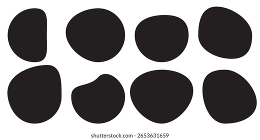 Conjunto de iconos de silueta de círculos de manchas aleatorias. Una disposición de Formas orgánicas negras. Aislado en un fondo blanco.