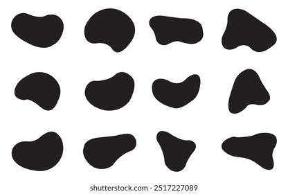 Formas de blob aleatórias. O cubo preto cai. Bolhas pretas orgânicas forma irregular. sombras líquidas formas aleatórias. O cubo preto deixa cair formas simples. Elementos isolados de manchas básicas