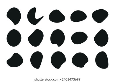 Random blob shapes. Organic blobs set. Rounded abstract organic shape collection. Random shapes of cube, pebble, inkblot, amoeba, drops and stone silhouettes. Blotch texture vector set
