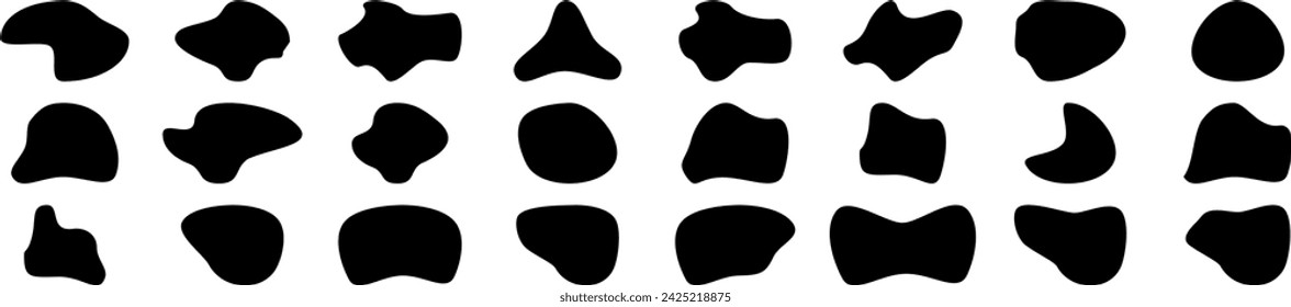 Zufällige Blob-Formen. Organische Kleckse gesetzt. Abgerundete abstrakte Sammlung organischer Formen. Formen von Würfeln, Kieselsteinen, Tintenflecken, Amöben, Tropfen und Steinsilhouetten.
