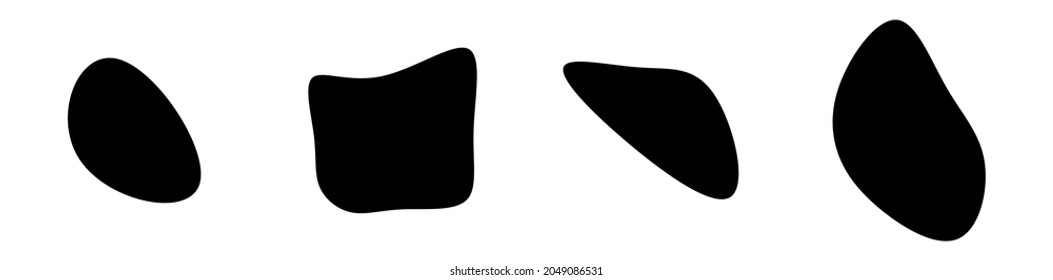 Random blotch, inkblot. Organic blob, blot. Speck shape.Splat, fleck graphic. Drop of liquid, fluid. Pebble, stone silhouette.Ink stain, mottle spot irregular shape