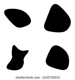 Random blotch, inkblot. Organic blob, blot. Speck shape.Splat, fleck graphic. Drop of liquid, fluid. Pebble, stone silhouette.Ink stain, mottle spot irregular shape. Basic, simple rounded, smooth form