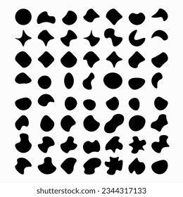 Random blotch, inkblot. Organic blob, blot. Speck shape.Splat, fleck graphic. Drop of liquid, fluid. Pebble, stone silhouette.Ink stain, mottle spot irregular shape. Basic, simple rounded, smooth form