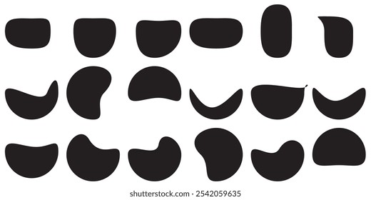 Random blotch, inkblot. Organic blob, blot. Speck shape.Splat, fleck graphic. Drop of liquid, fluid. Pebble, stone silhouette.Ink stain, mottle spot irregular shape. Basic, simple rounded, smooth form