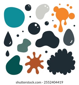 Random blotch, inkblot. Organic blob, blot. Speck shape.Splat, fleck graphic. Drop of liquid, fluid. Pebble, stone silhouette.Ink stain, mottle spot irregular shape. Basic, simple rounded, smooth form