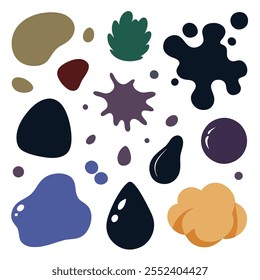 Random blotch, inkblot. Organic blob, blot. Speck shape.Splat, fleck graphic. Drop of liquid, fluid. Pebble, stone silhouette.Ink stain, mottle spot irregular shape. Basic, simple rounded, smooth form