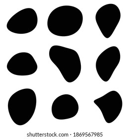 Random blotch, inkblot. Pebble, stone silhouette. Organic blob, blot, speck shape. Splat, fleck. Drop of liquid, fluid. Ink stain, mottle spot irregular shape. Basic, simple rounded, smooth gel form