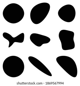 Zufällige Blöcke, inkblot. Kieselstein, Steinsilhouette. Organischer Bauch, Bart, Rückenform. Splat, Fleck. Tropfen Flüssigkeit, Flüssigkeit. Tintenfleck, unregelmäßiger Flaschenstück. Grundlegende, einfache, abgerundete, glatte Gel-Form