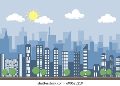 Random blue city skyline Vector on light background, with trees in the front. During the day with clouds and the sun.