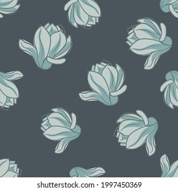 Random blue magnolia flowers silhouettes seamless pattern. Grey background. Simple style. Vector illustration for seasonal textile prints, fabric, banners, backdrops and wallpapers.