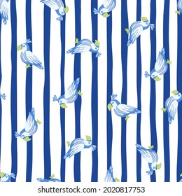 Random blue parrot elements seamless bird pattern. White and blue striped background. Nature backdrop. Designed for fabric design, textile print, wrapping, cover. Vector illustration.