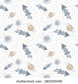 Random blue rockets and beige planets seamless pattern. White background with dots. Pastel tones palette. Great for wallpaper, textile, wrapping paper, fabric print. Vector illustration.