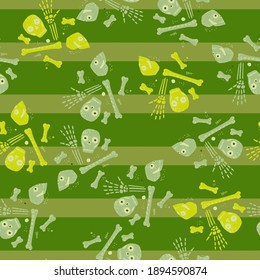 Random blue and yellow skull and bones ornament seamless horror pattern. Green striped background. Stock illustration. Vector design for textile, fabric, giftwrap, wallpapers.