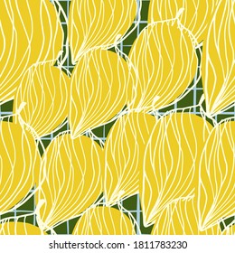 Die zufällige botanische Umrisslinie lässt ein nahtloses Muster. Gelbe, hellfarbene Silhouetten auf dunklem Hintergrund. Gut geeignet für Tapeten, Textilien, Wickelpapier, Stoffdruck. Vektorgrafik.